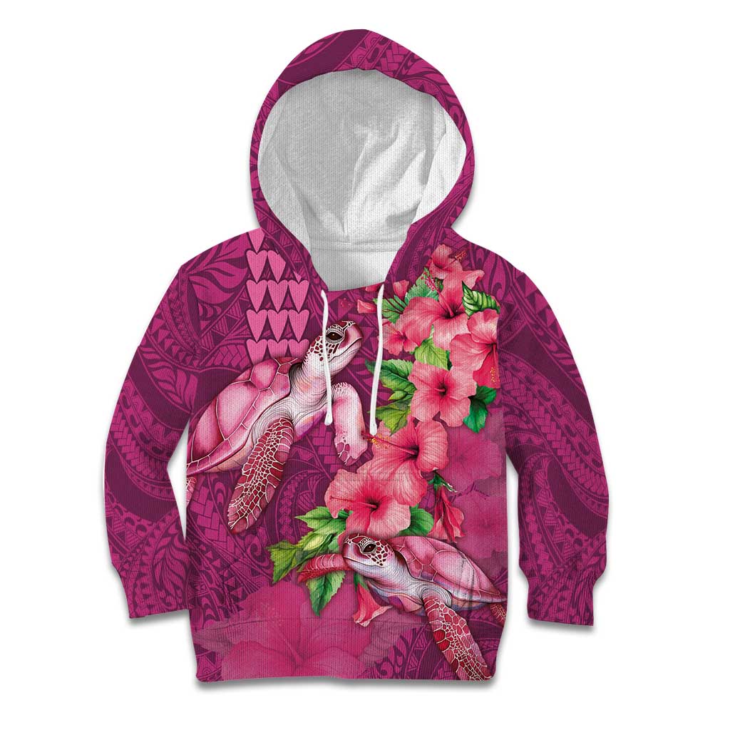 Hawaiian Turtle Love Couple Kid Hoodie - Sweet Hibiscus and Kakau Pattern Rose Color