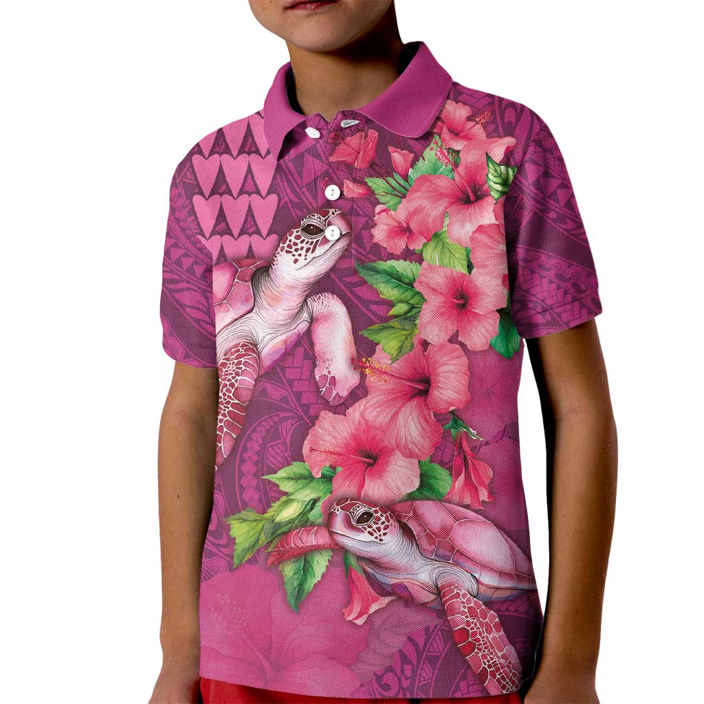 Hawaiian Turtle Love Couple Kid Polo Shirt - Sweet Hibiscus and Kakau Pattern Rose Color