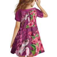 Hawaiian Turtle Love Couple Kid Short Sleeve Dress - Sweet Hibiscus and Kakau Pattern Rose Color