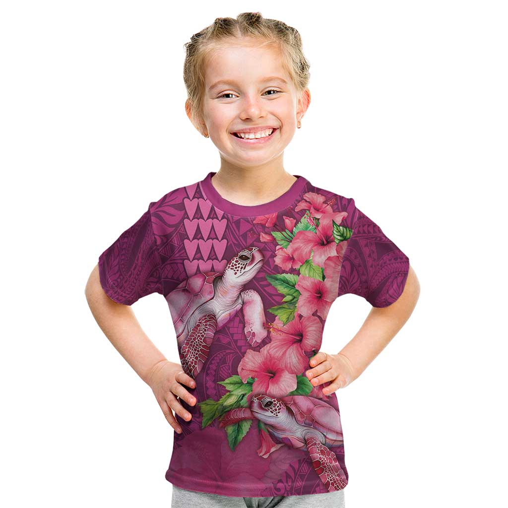 Hawaiian Turtle Love Couple Kid T Shirt - Sweet Hibiscus and Kakau Pattern Rose Color