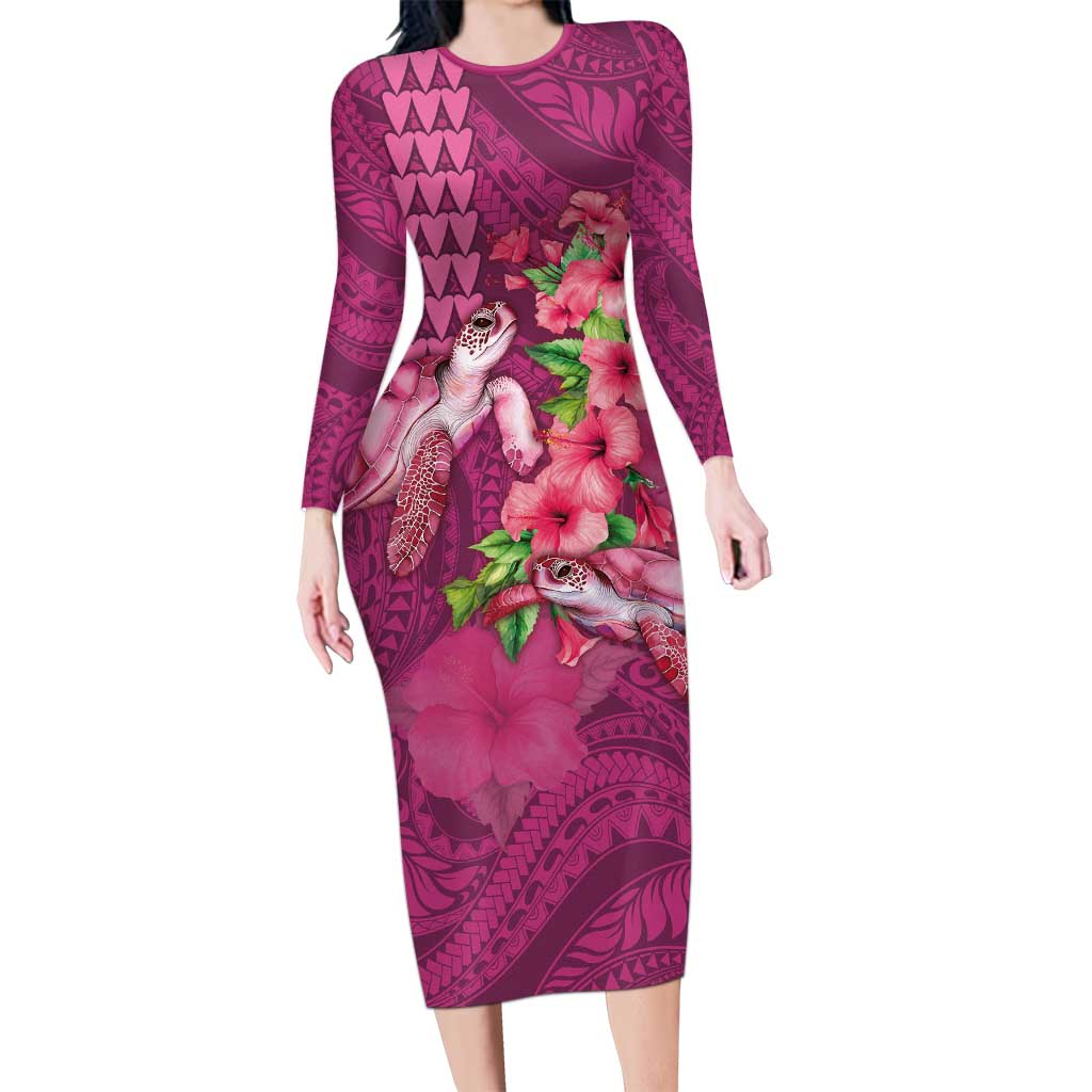 Hawaiian Turtle Love Couple Long Sleeve Bodycon Dress - Sweet Hibiscus and Kakau Pattern Rose Color