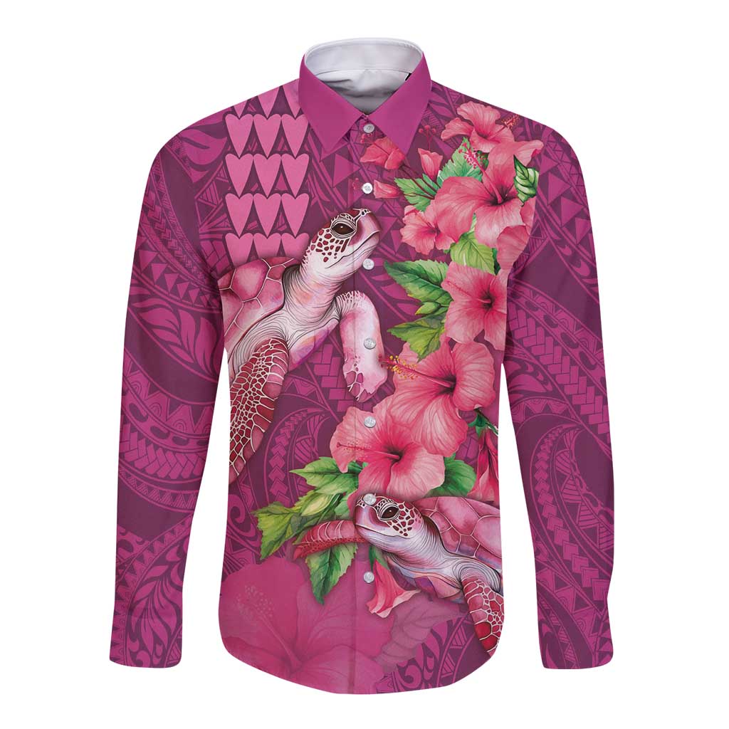 Hawaiian Turtle Love Couple Long Sleeve Button Shirt - Sweet Hibiscus and Kakau Pattern Rose Color