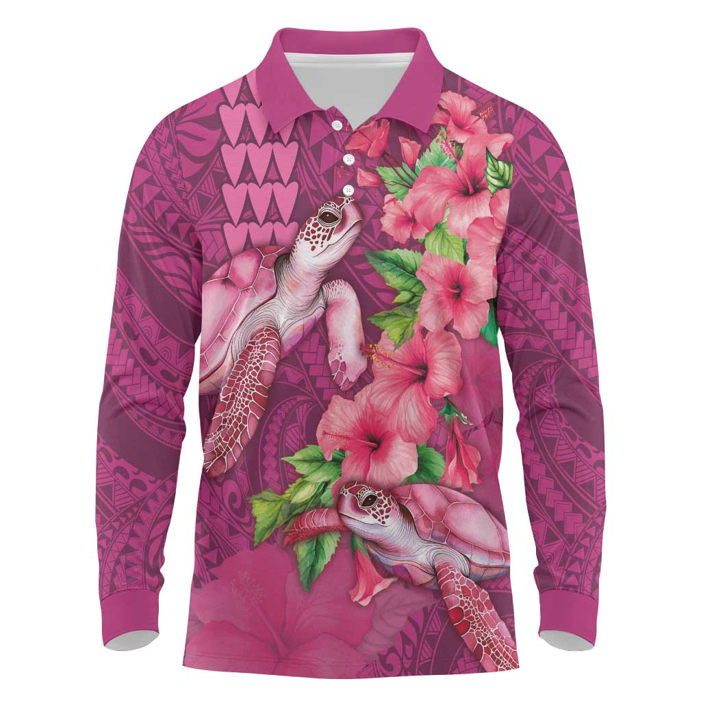 Hawaiian Turtle Love Couple Long Sleeve Polo Shirt - Sweet Hibiscus and Kakau Pattern Rose Color