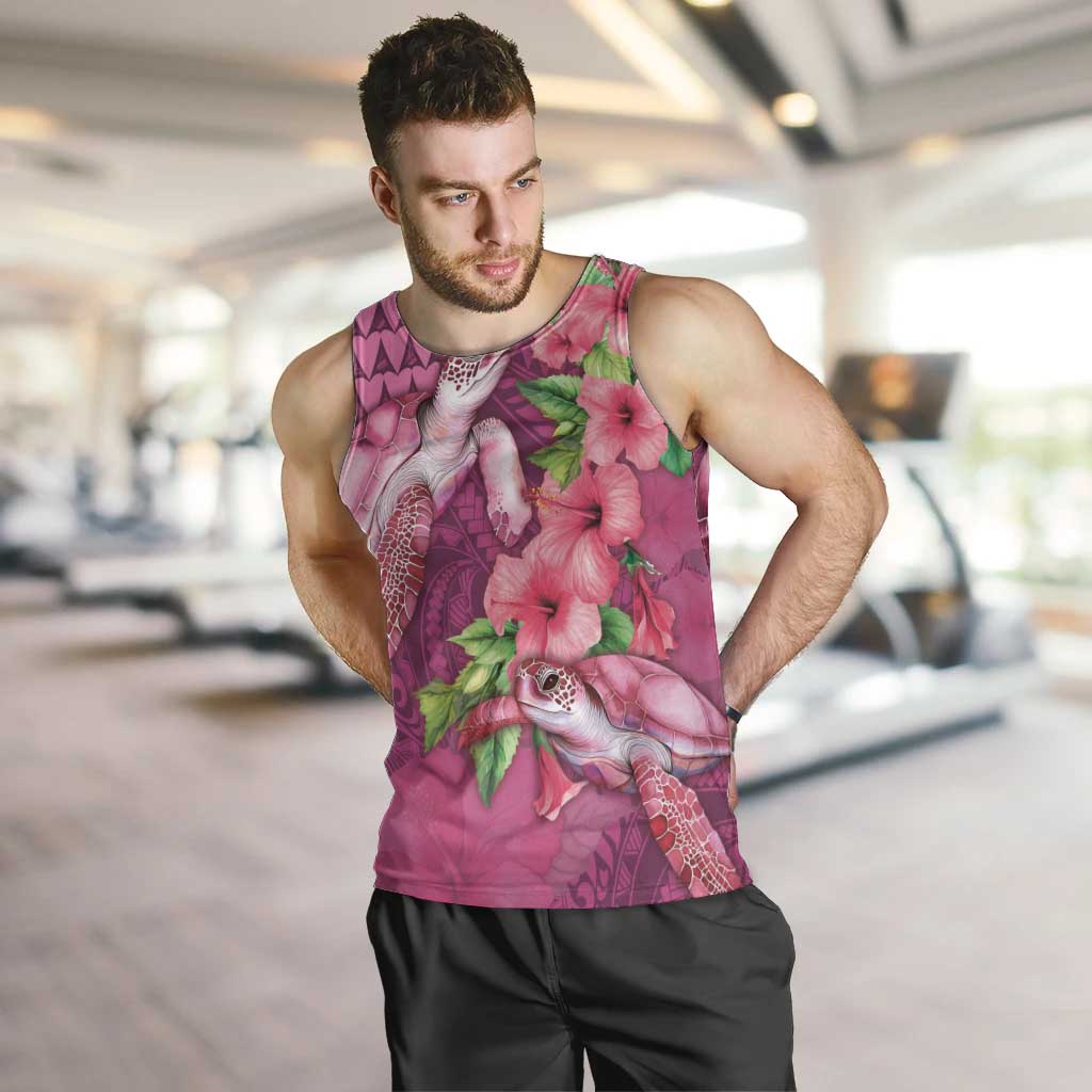 Hawaiian Turtle Love Couple Men Tank Top - Sweet Hibiscus and Kakau Pattern Rose Color