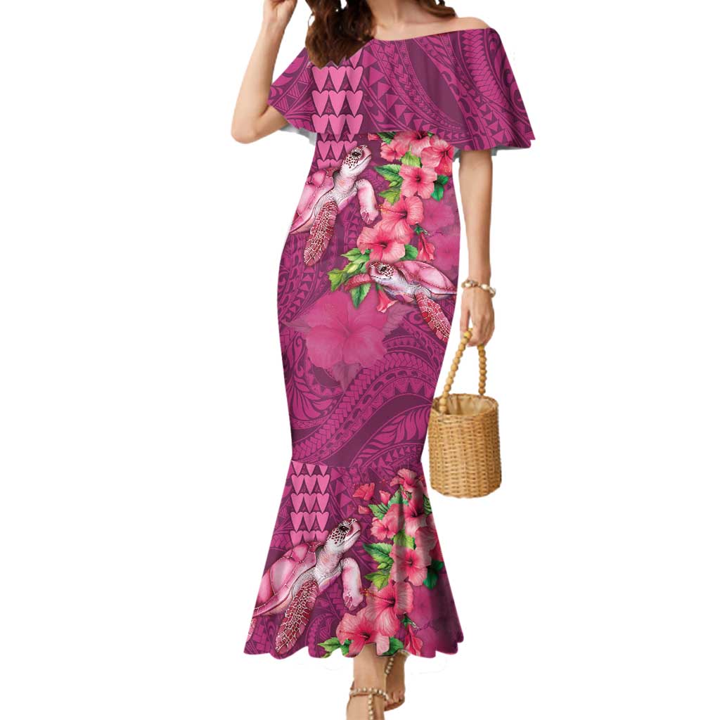 Hawaiian Turtle Love Couple Mermaid Dress - Sweet Hibiscus and Kakau Pattern Rose Color