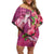 Hawaiian Turtle Love Couple Off Shoulder Short Dress - Sweet Hibiscus and Kakau Pattern Rose Color