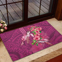 Hawaiian Turtle Love Couple Rubber Doormat - Sweet Hibiscus and Kakau Pattern Rose Color