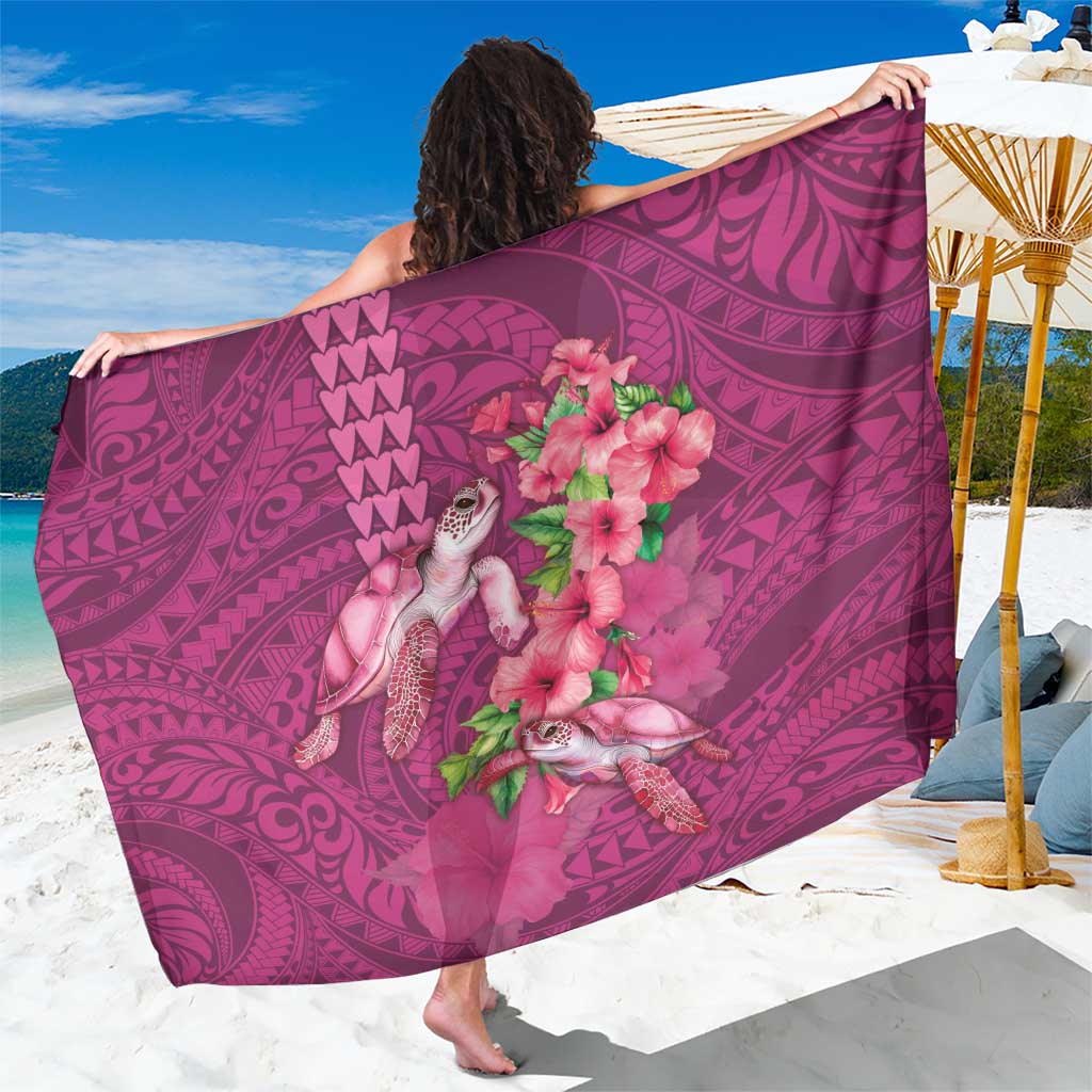 Hawaiian Turtle Love Couple Sarong - Sweet Hibiscus and Kakau Pattern Rose Color