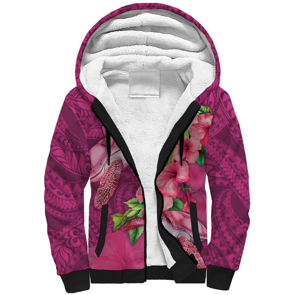 Hawaiian Turtle Love Couple Sherpa Hoodie - Sweet Hibiscus and Kakau Pattern Rose Color