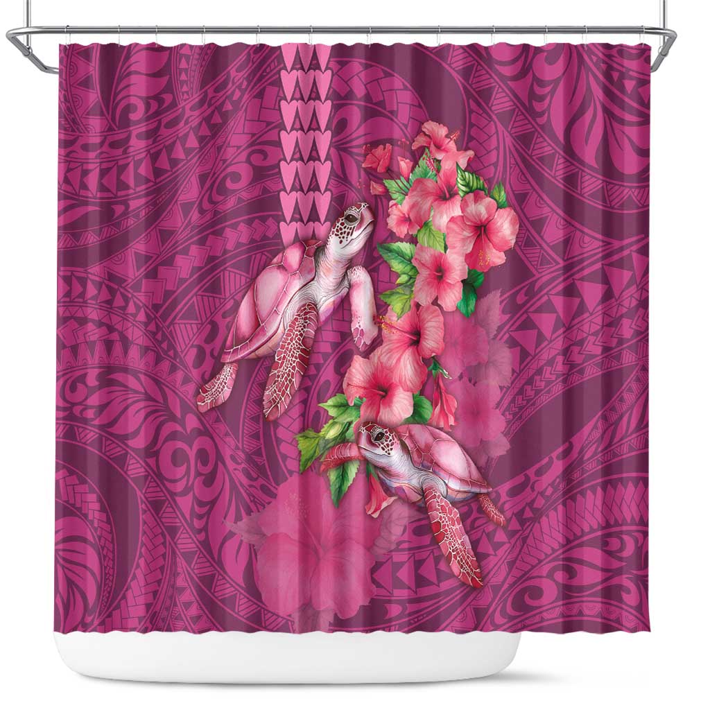 Hawaiian Turtle Love Couple Shower Curtain - Sweet Hibiscus and Kakau Pattern Rose Color