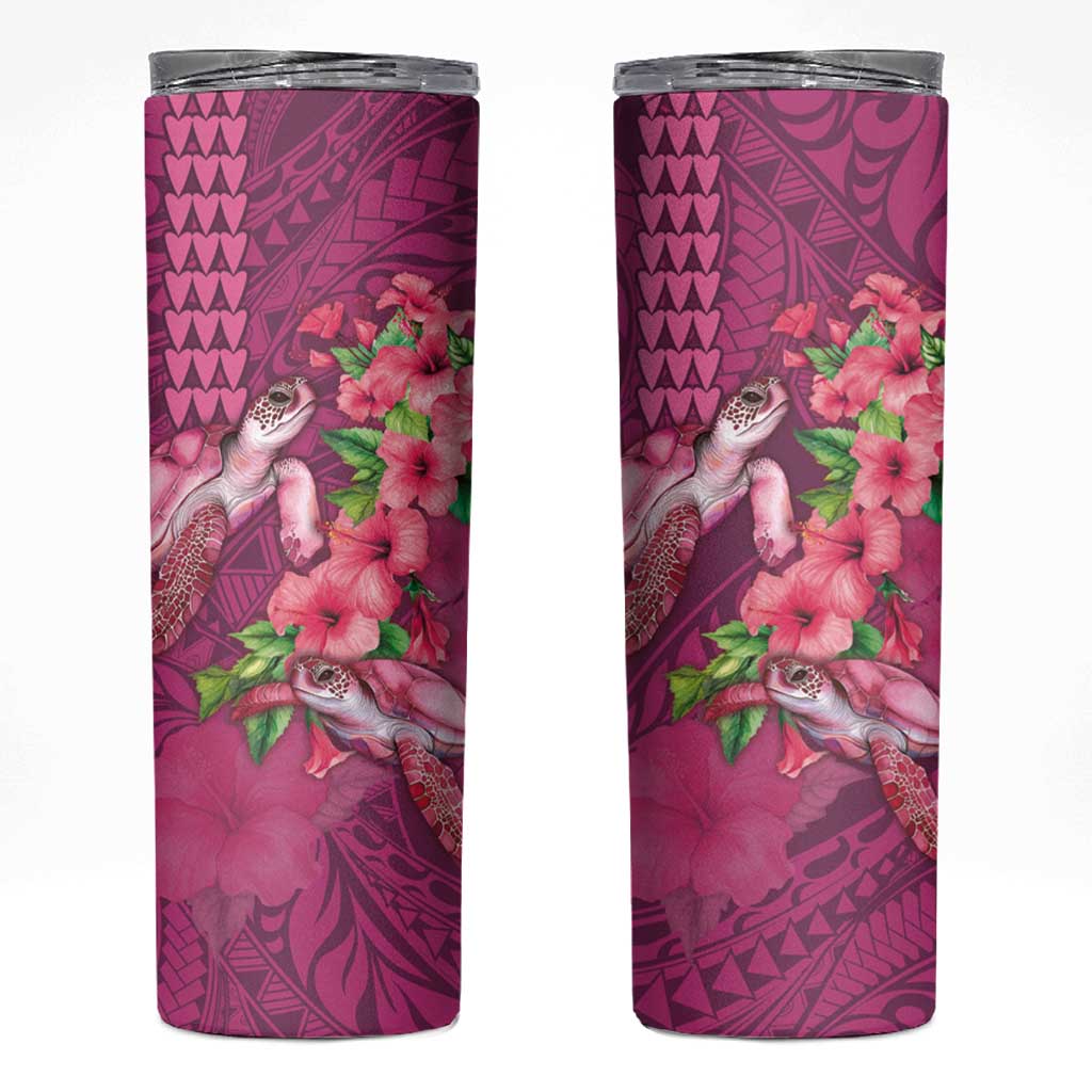 Hawaiian Turtle Love Couple Skinny Tumbler Sweet Hibiscus and Kakau Pattern Rose Color