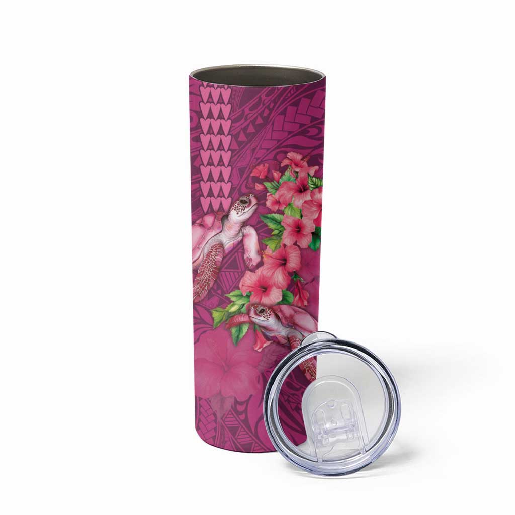 Hawaiian Turtle Love Couple Skinny Tumbler Sweet Hibiscus and Kakau Pattern Rose Color