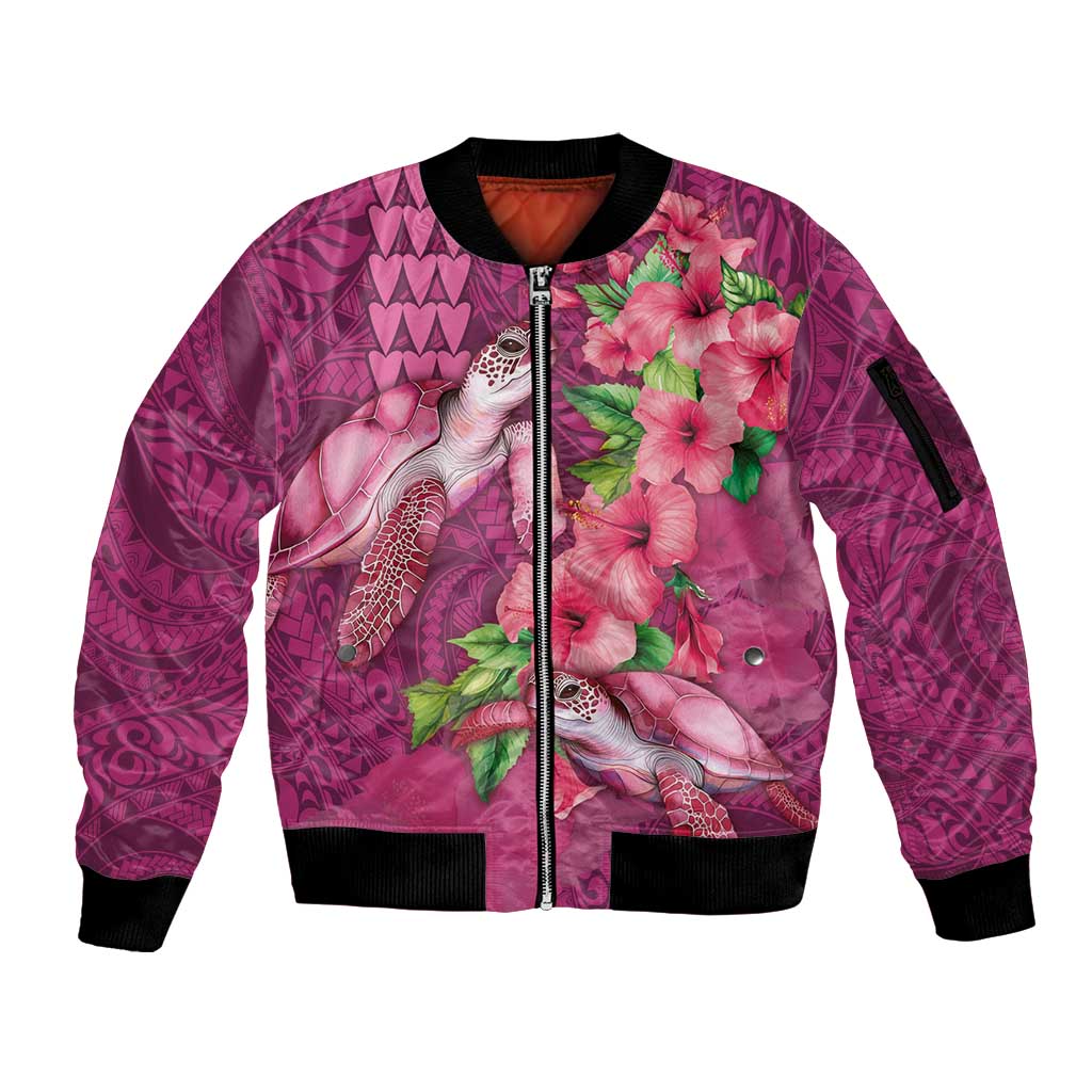 Hawaiian Turtle Love Couple Sleeve Zip Bomber Jacket - Sweet Hibiscus and Kakau Pattern Rose Color