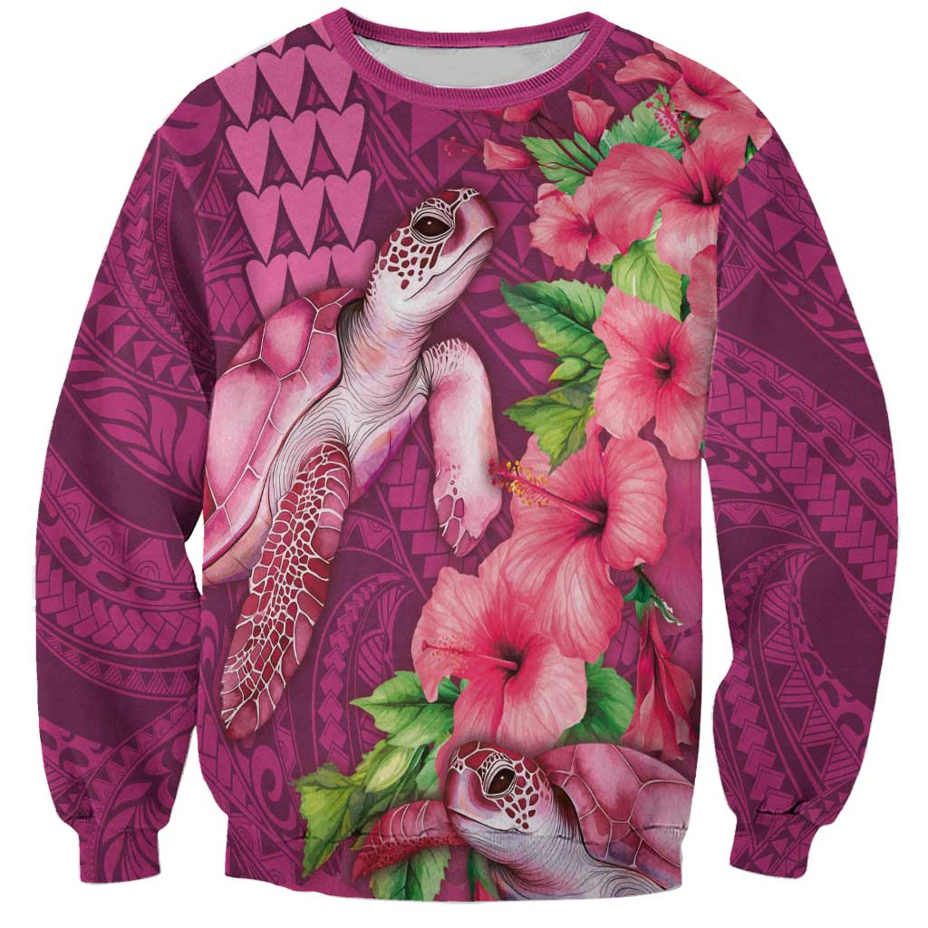 Hawaiian Turtle Love Couple Sweatshirt - Sweet Hibiscus and Kakau Pattern Rose Color