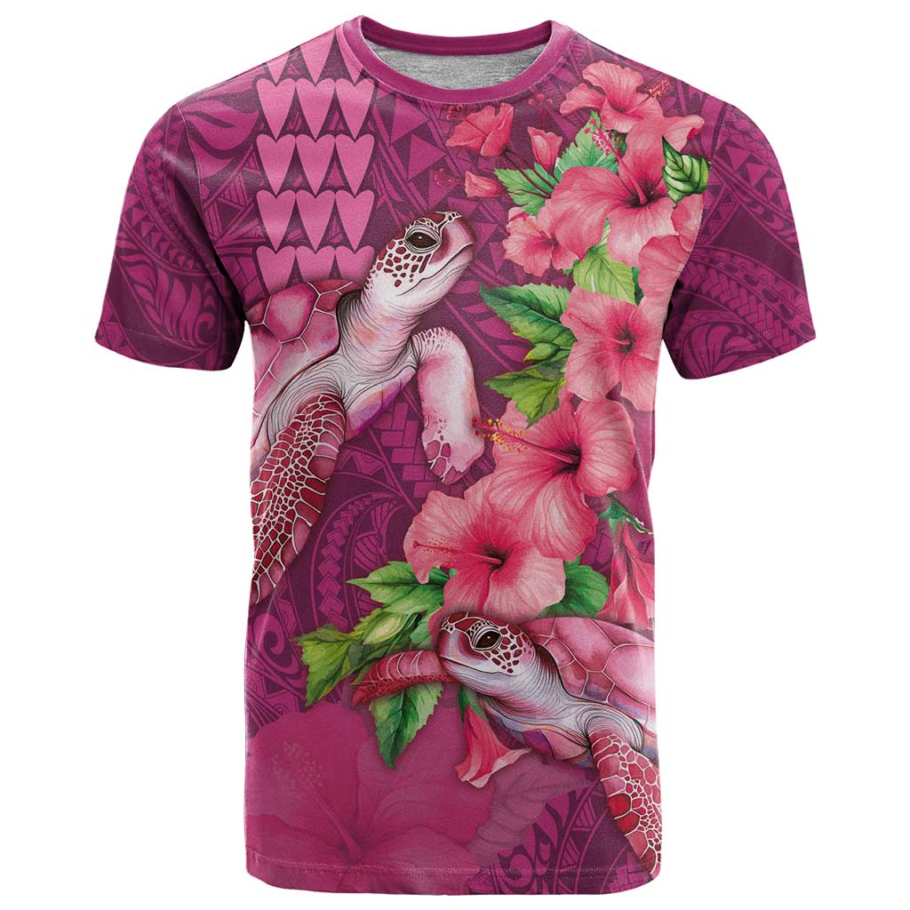 Hawaiian Turtle Love Couple T Shirt - Sweet Hibiscus and Kakau Pattern Rose Color