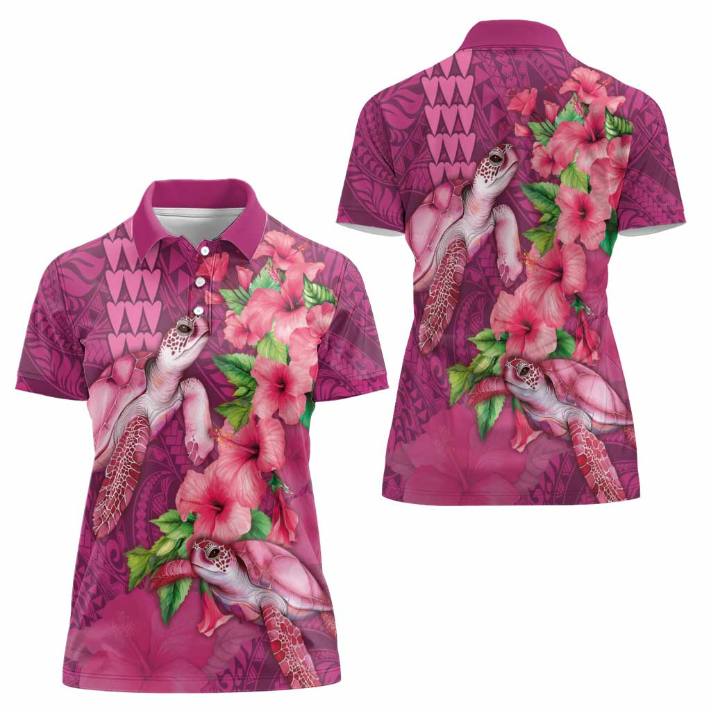 Hawaiian Turtle Love Couple Women Polo Shirt - Sweet Hibiscus and Kakau Pattern Rose Color
