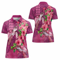 Hawaiian Turtle Love Couple Women Polo Shirt - Sweet Hibiscus and Kakau Pattern Rose Color