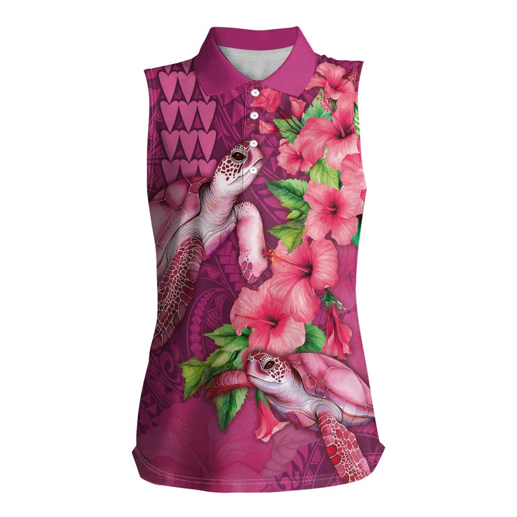 Hawaiian Turtle Love Couple Women Sleeveless Polo Shirt - Sweet Hibiscus and Kakau Pattern Rose Color