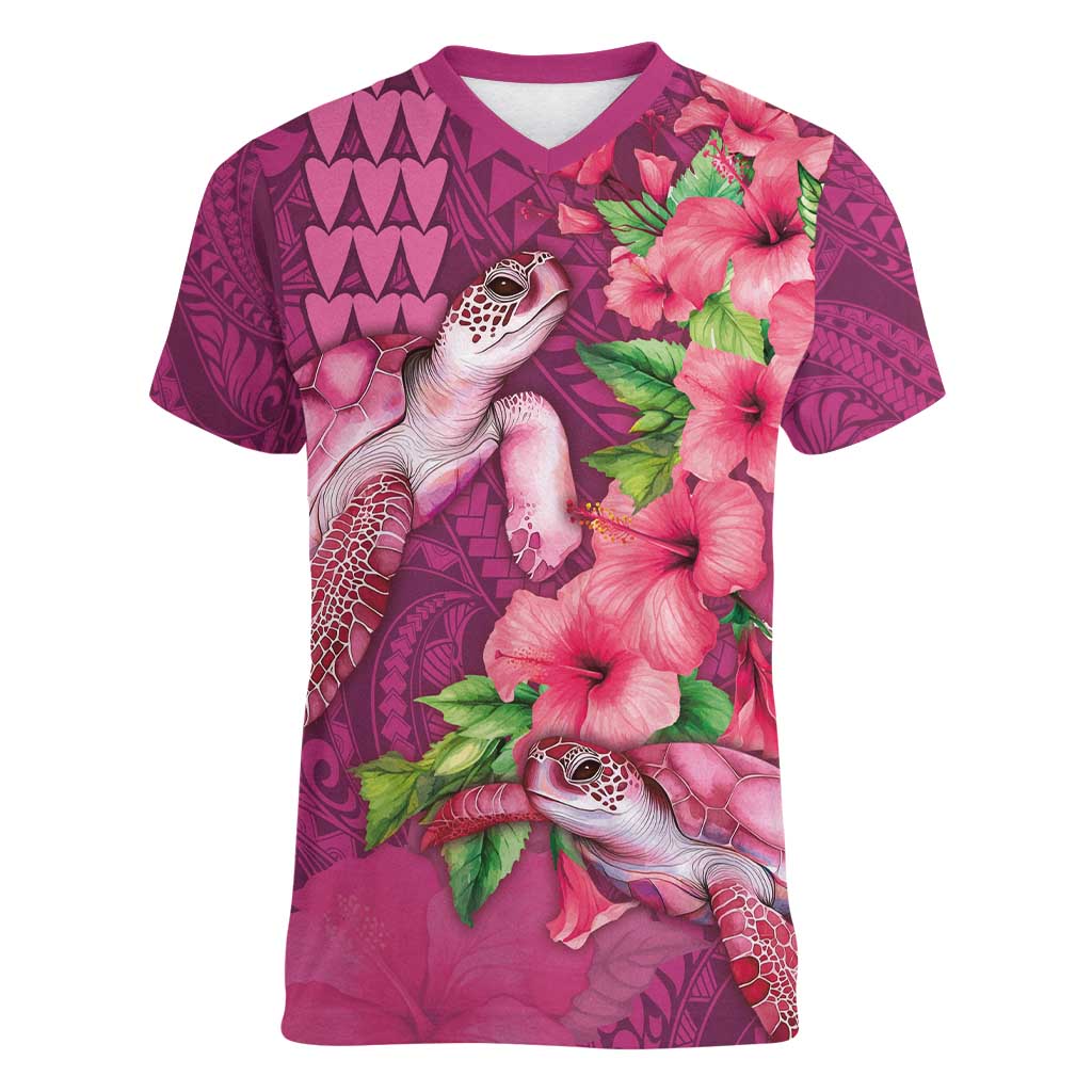 Hawaiian Turtle Love Couple Women V-Neck T-Shirt - Sweet Hibiscus and Kakau Pattern Rose Color