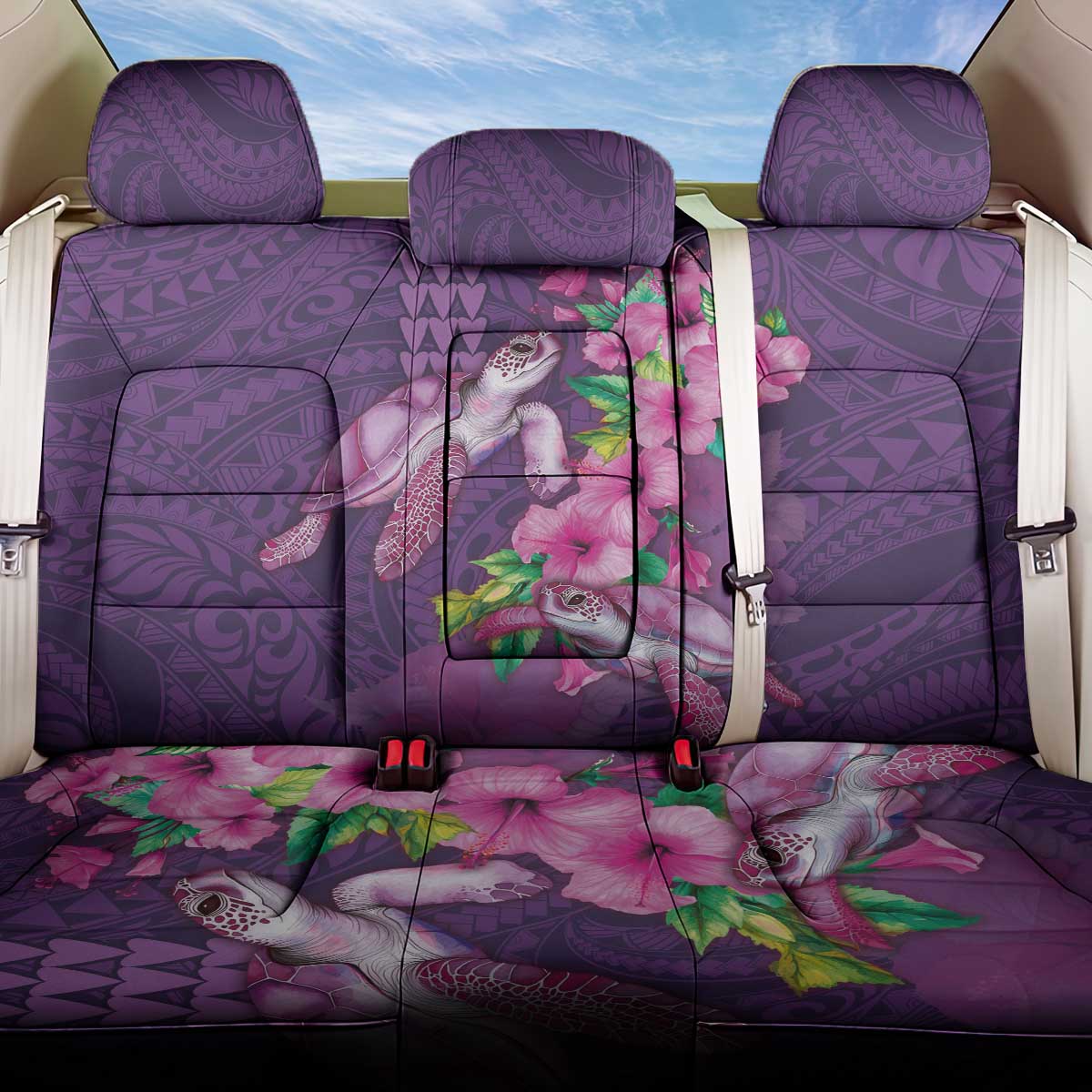 Hawaiian Turtle Love Couple Back Car Seat Cover - Sweet Hibiscus and Kakau Pattern Deep Purple Color