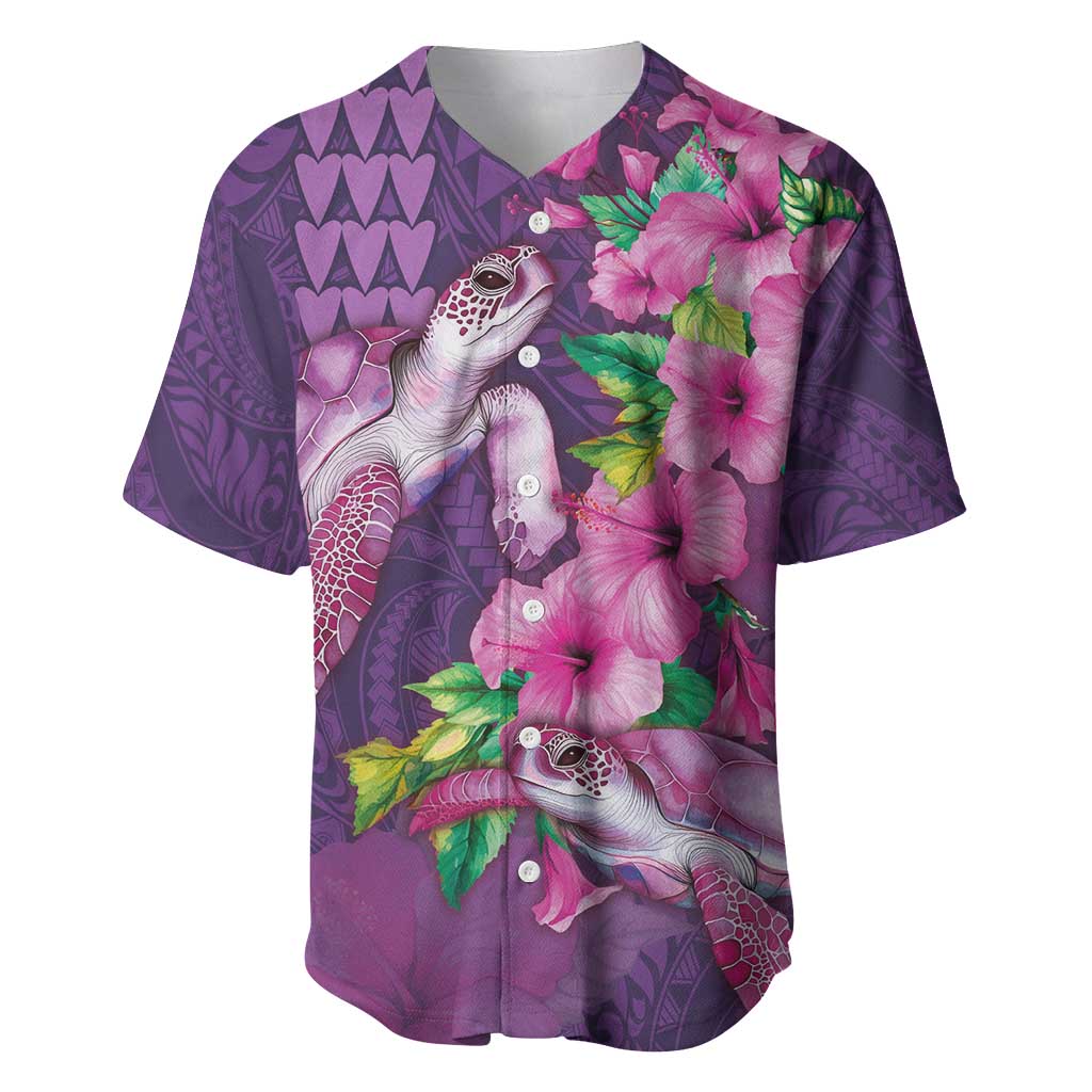 Hawaiian Turtle Love Couple Baseball Jersey - Sweet Hibiscus and Kakau Pattern Deep Purple Color