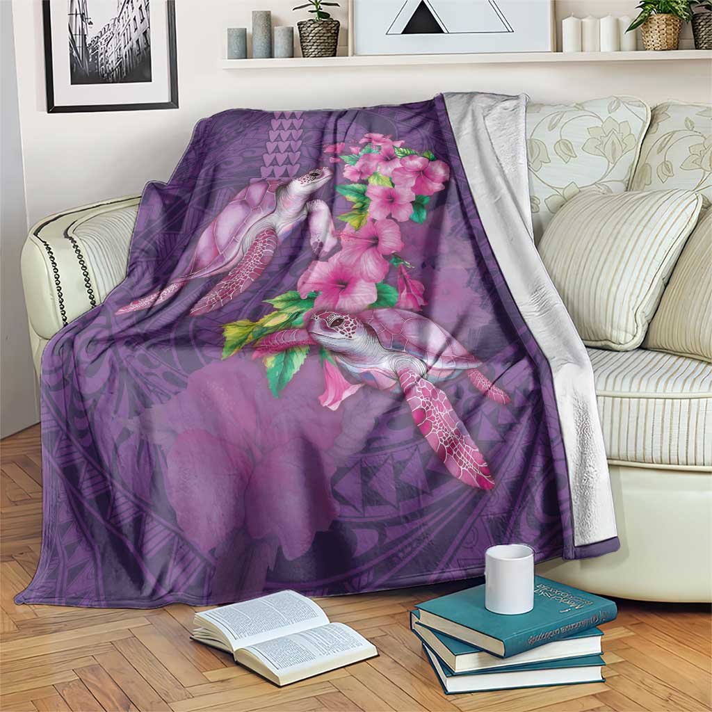 Hawaiian Turtle Love Couple Blanket - Sweet Hibiscus and Kakau Pattern Deep Purple Color