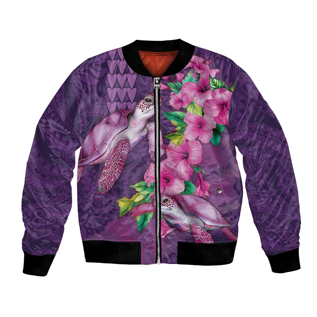 Hawaiian Turtle Love Couple Bomber Jacket - Sweet Hibiscus and Kakau Pattern Deep Purple Color