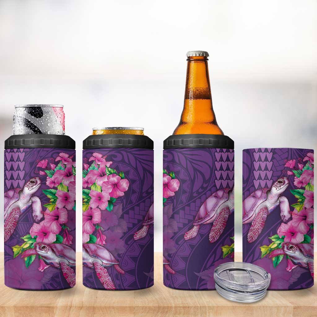 Hawaiian Turtle Love Couple 4 in 1 Can Cooler Tumbler Sweet Hibiscus and Kakau Pattern Deep Purple Color