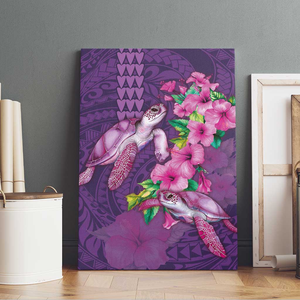 Hawaiian Turtle Love Couple Canvas Wall Art - Sweet Hibiscus and Kakau Pattern Deep Purple Color