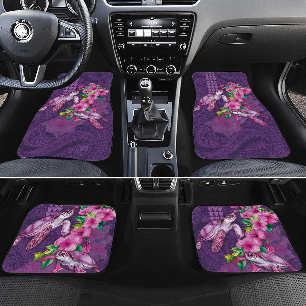 Hawaiian Turtle Love Couple Car Mats - Sweet Hibiscus and Kakau Pattern Deep Purple Color