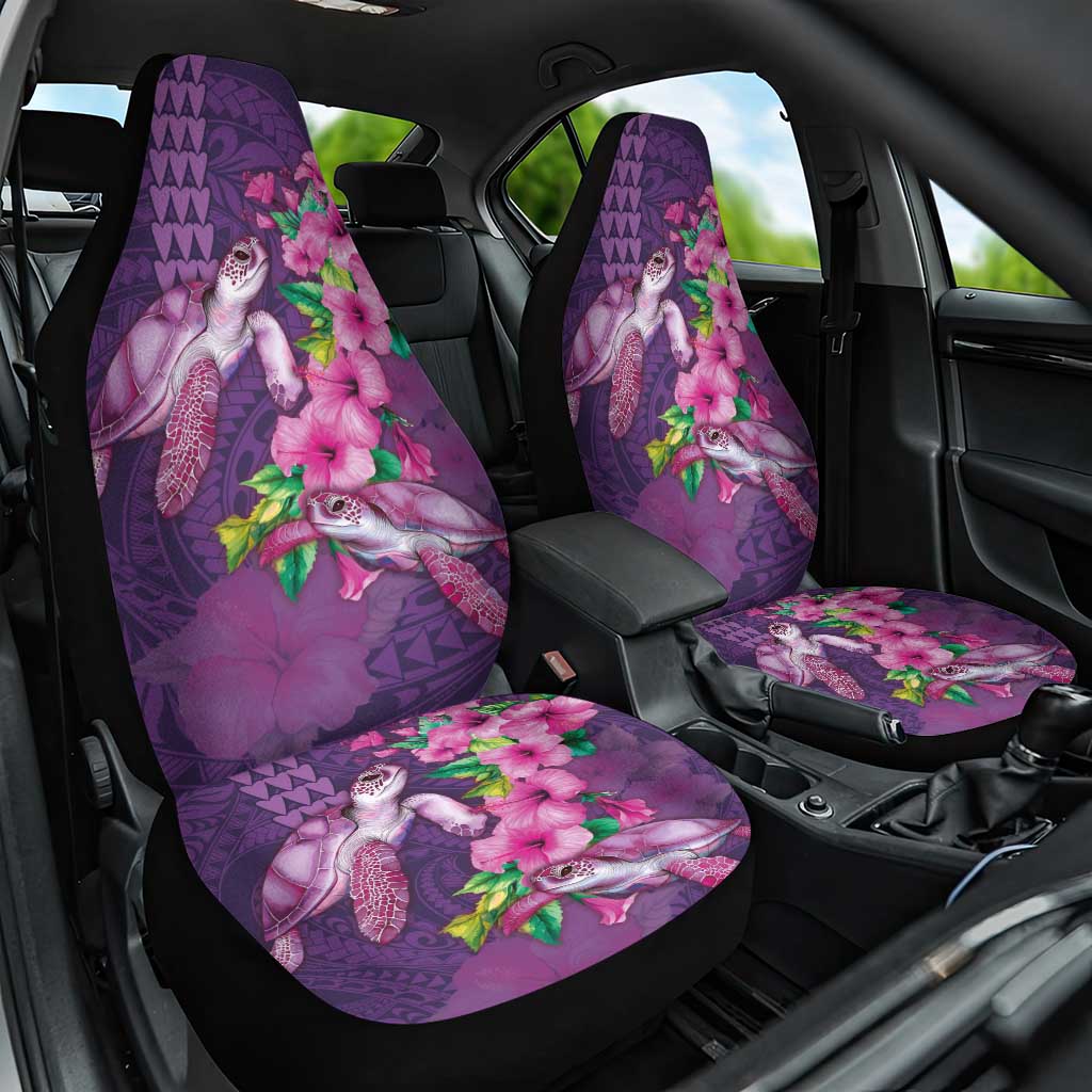 Hawaiian Turtle Love Couple Car Seat Cover - Sweet Hibiscus and Kakau Pattern Deep Purple Color