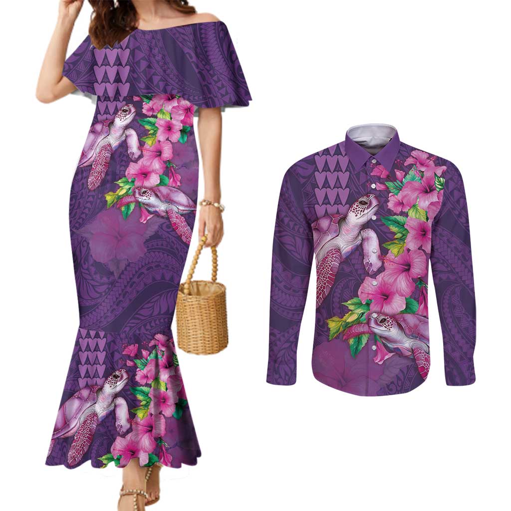 Hawaiian Turtle Love Couple Couples Matching Mermaid Dress and Long Sleeve Button Shirt - Sweet Hibiscus and Kakau Pattern Deep Purple Color