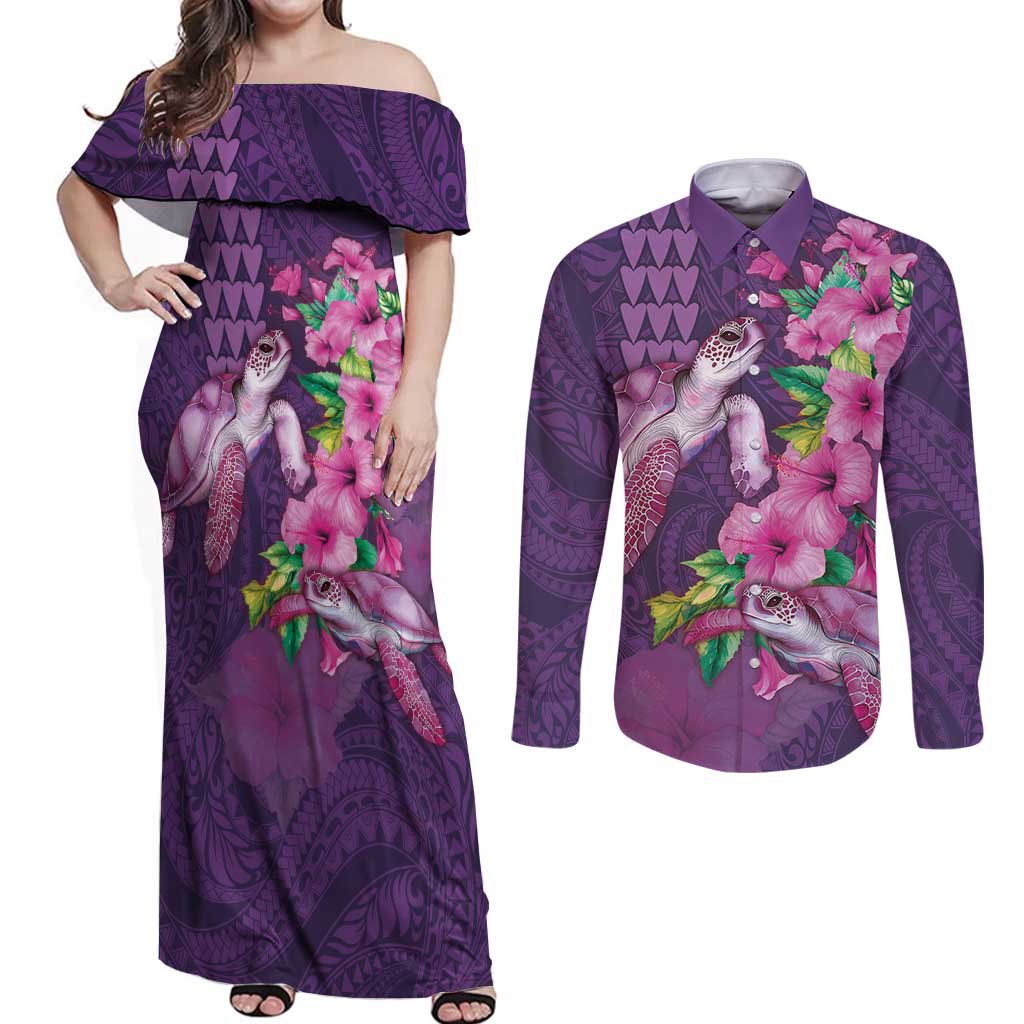 Hawaiian Turtle Love Couple Couples Matching Off Shoulder Maxi Dress and Long Sleeve Button Shirt - Sweet Hibiscus and Kakau Pattern Deep Purple Color