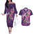 Hawaiian Turtle Love Couple Couples Matching Off The Shoulder Long Sleeve Dress and Hawaiian Shirt - Sweet Hibiscus and Kakau Pattern Deep Purple Color