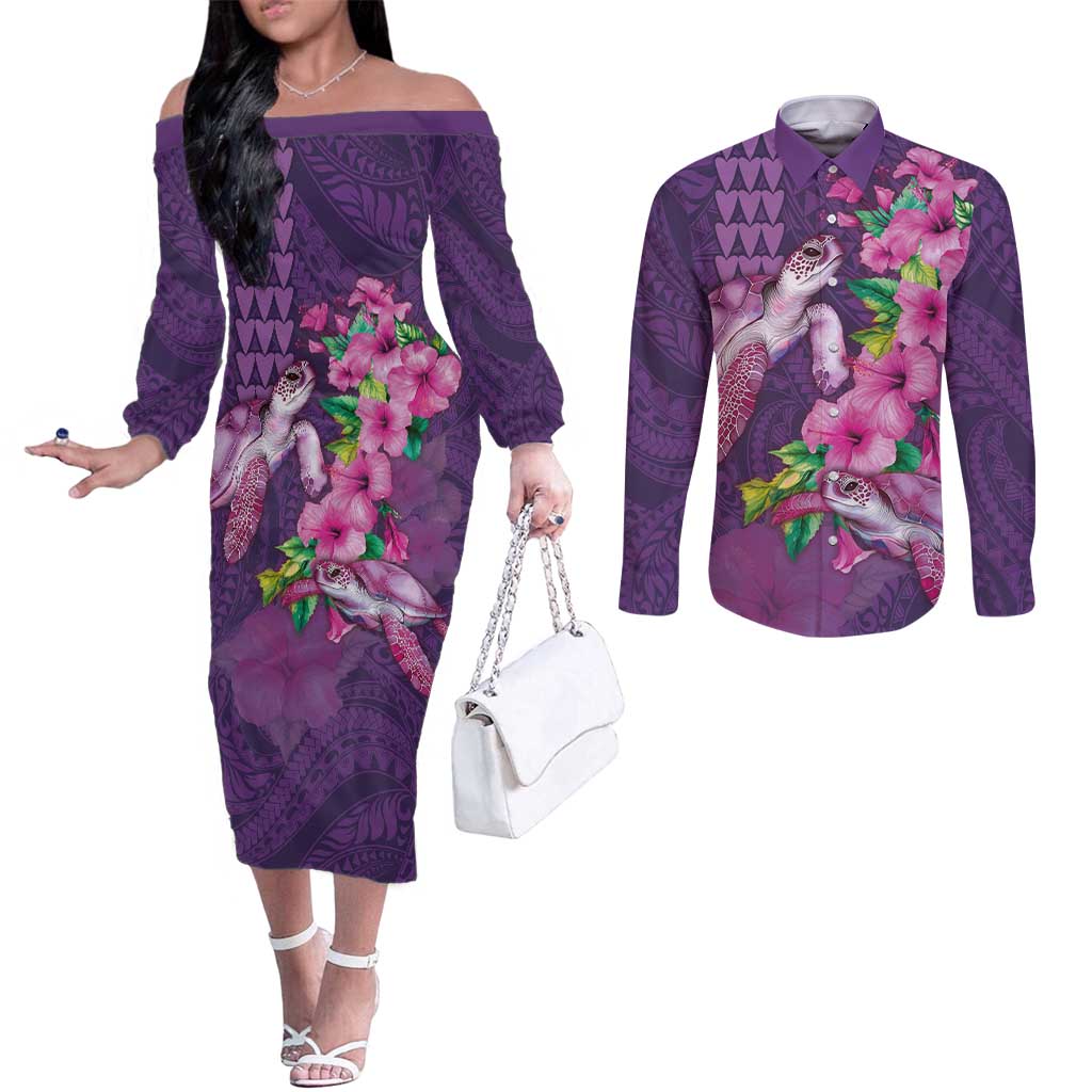 Hawaiian Turtle Love Couple Couples Matching Off The Shoulder Long Sleeve Dress and Long Sleeve Button Shirt - Sweet Hibiscus and Kakau Pattern Deep Purple Color