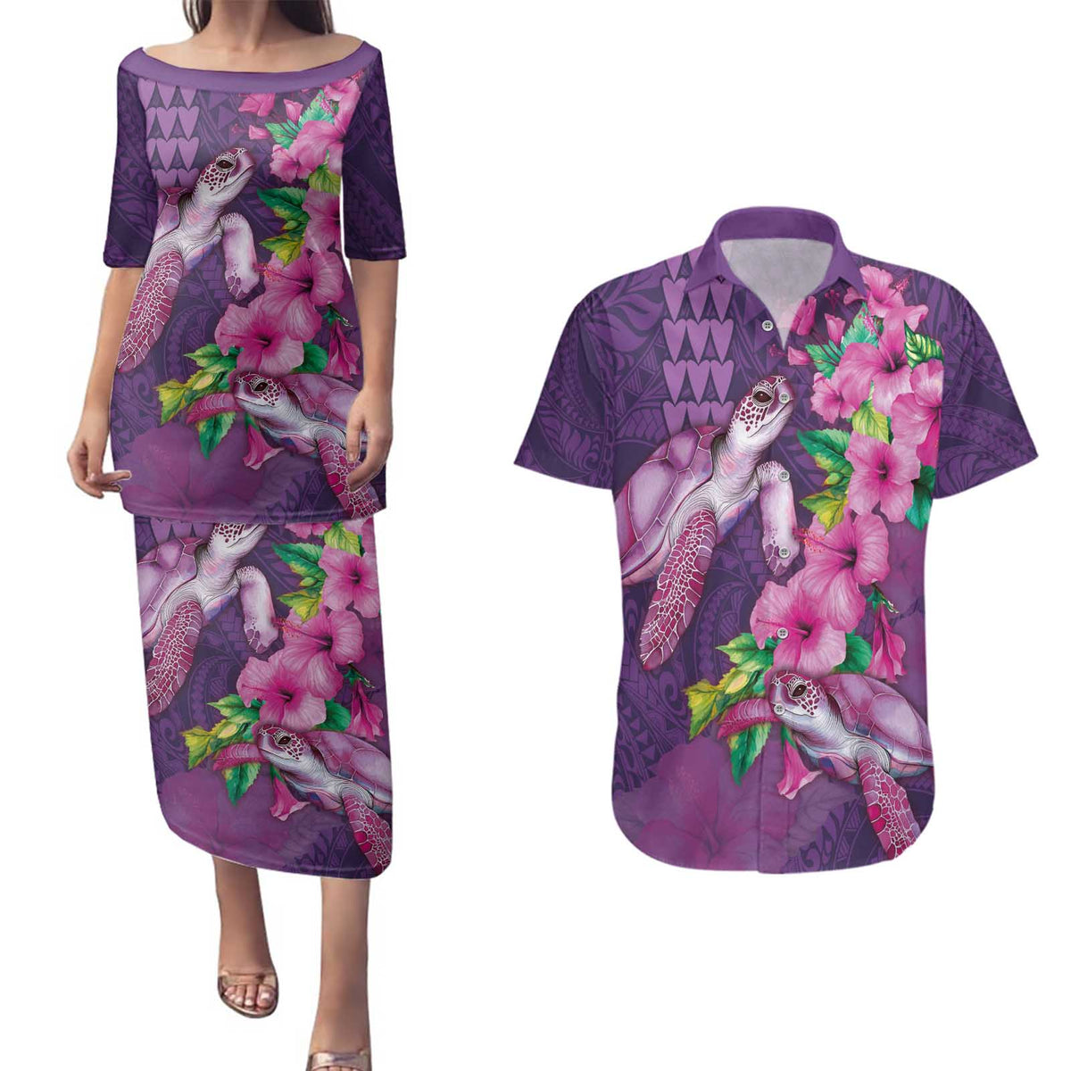 Hawaiian Turtle Love Couple Couples Matching Puletasi and Hawaiian Shirt - Sweet Hibiscus and Kakau Pattern Deep Purple Color