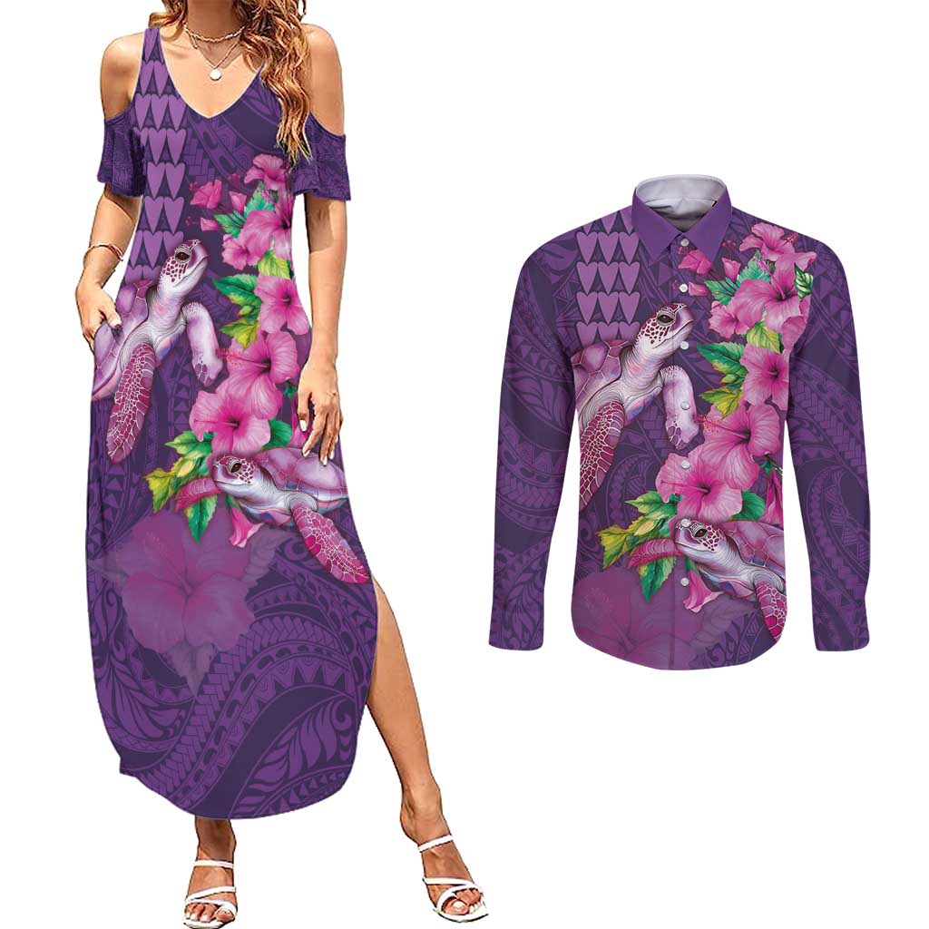 Hawaiian Turtle Love Couple Couples Matching Summer Maxi Dress and Long Sleeve Button Shirt - Sweet Hibiscus and Kakau Pattern Deep Purple Color