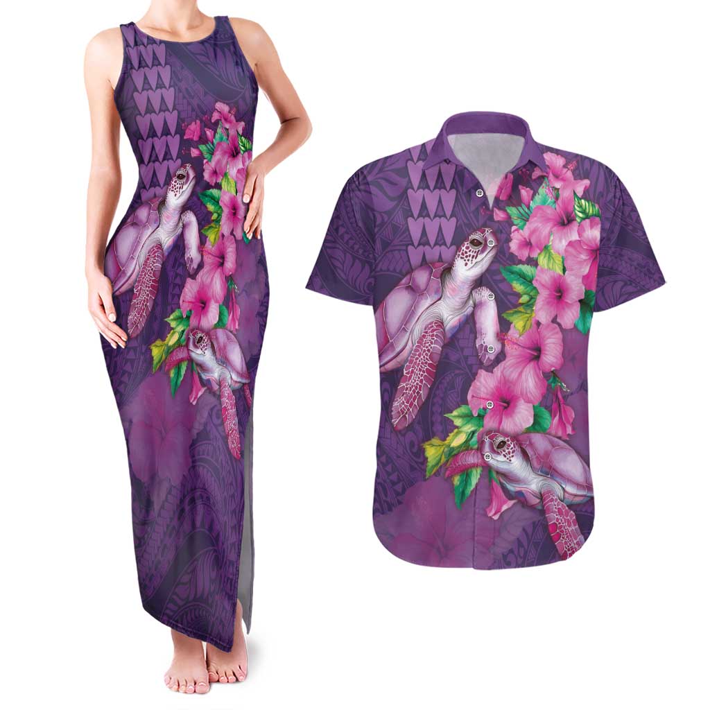 Hawaiian Turtle Love Couple Couples Matching Tank Maxi Dress and Hawaiian Shirt - Sweet Hibiscus and Kakau Pattern Deep Purple Color