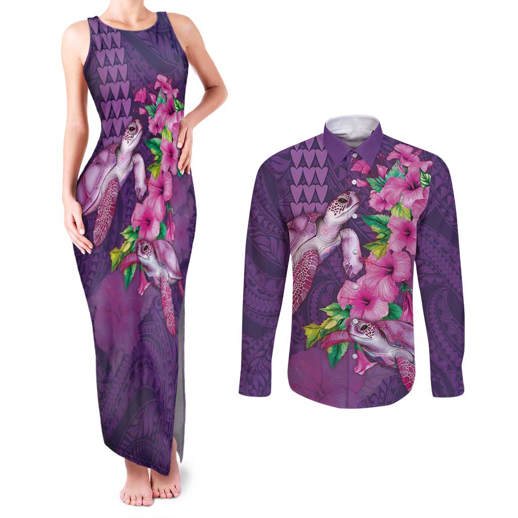 Hawaiian Turtle Love Couple Couples Matching Tank Maxi Dress and Long Sleeve Button Shirt - Sweet Hibiscus and Kakau Pattern Deep Purple Color