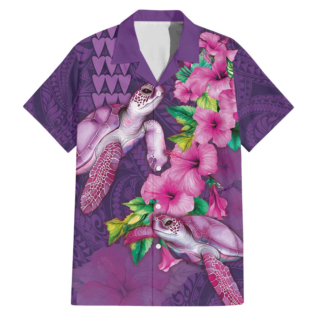 Hawaiian Turtle Love Couple Family Matching Mermaid Dress and Hawaiian Shirt - Sweet Hibiscus and Kakau Pattern Deep Purple Color