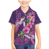 Hawaiian Turtle Love Couple Family Matching Mermaid Dress and Hawaiian Shirt - Sweet Hibiscus and Kakau Pattern Deep Purple Color