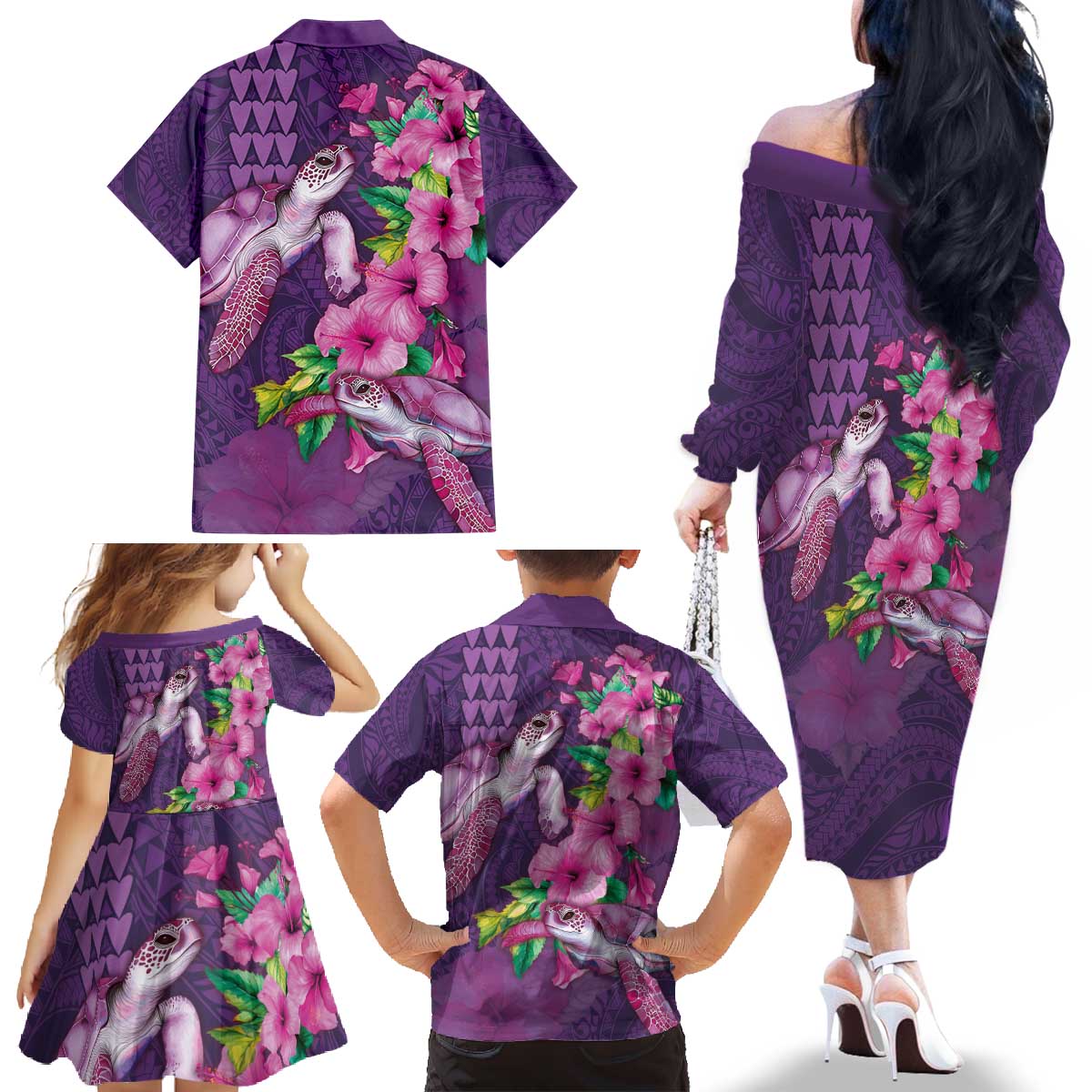 Hawaiian Turtle Love Couple Family Matching Off The Shoulder Long Sleeve Dress and Hawaiian Shirt - Sweet Hibiscus and Kakau Pattern Deep Purple Color