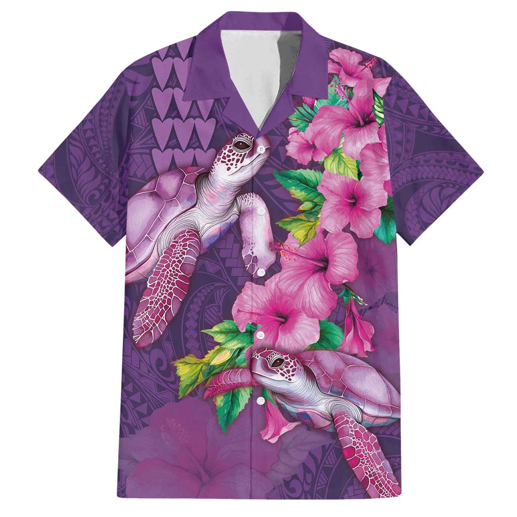 Hawaiian Turtle Love Couple Family Matching Tank Maxi Dress and Hawaiian Shirt - Sweet Hibiscus and Kakau Pattern Deep Purple Color