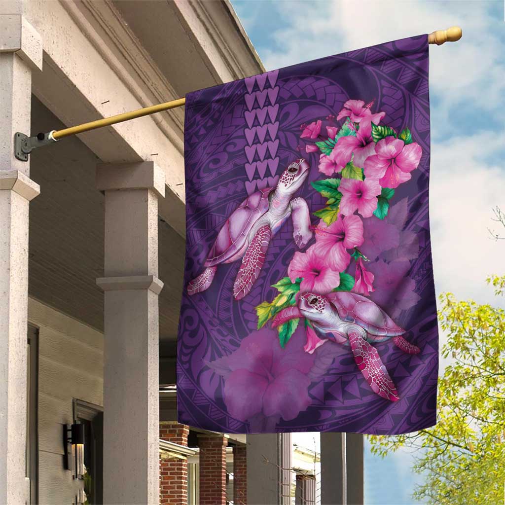 Hawaiian Turtle Love Couple Garden Flag - Sweet Hibiscus and Kakau Pattern Deep Purple Color