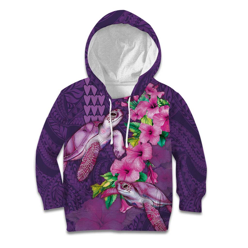 Hawaiian Turtle Love Couple Kid Hoodie - Sweet Hibiscus and Kakau Pattern Deep Purple Color