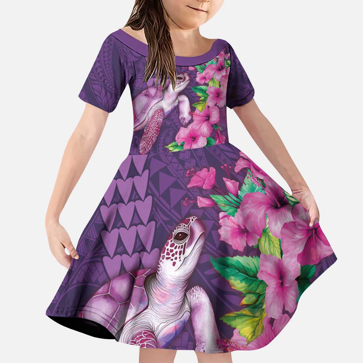 Hawaiian Turtle Love Couple Kid Short Sleeve Dress - Sweet Hibiscus and Kakau Pattern Deep Purple Color