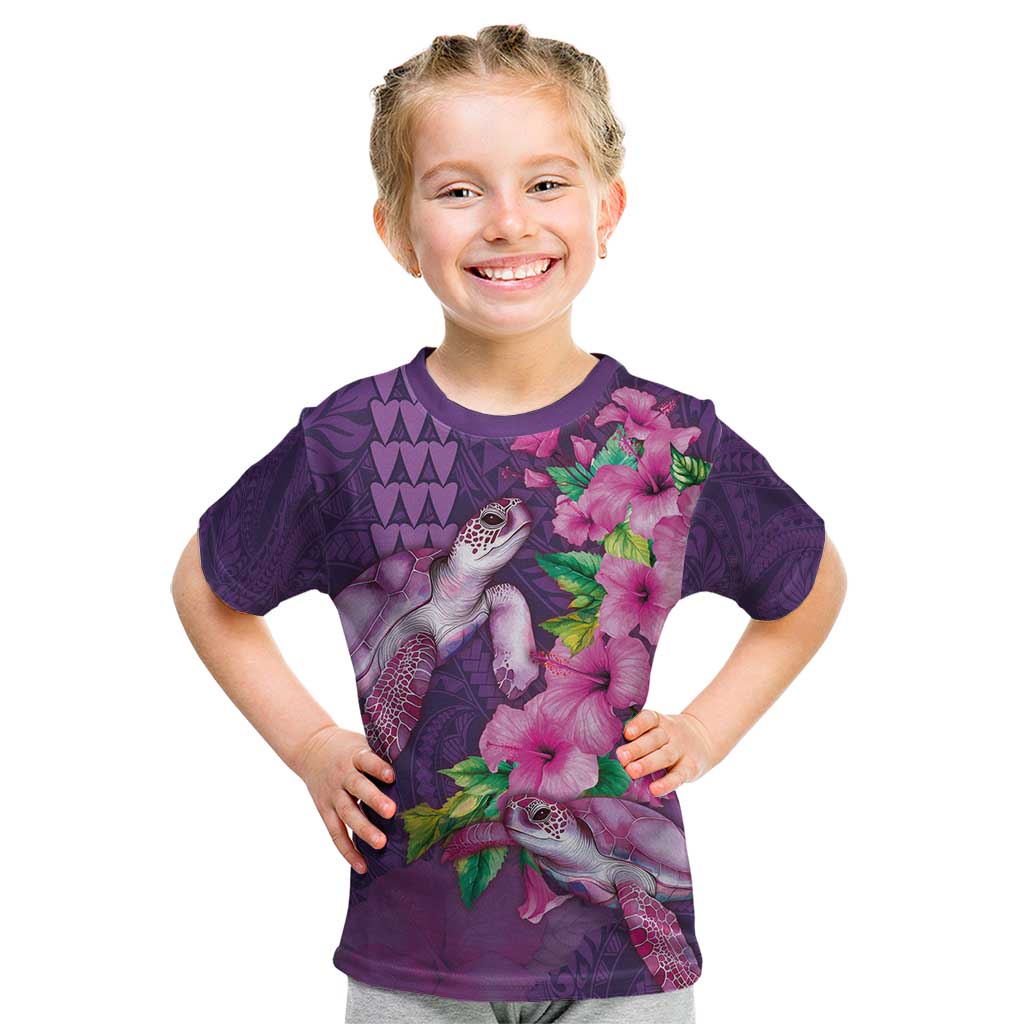 Hawaiian Turtle Love Couple Kid T Shirt - Sweet Hibiscus and Kakau Pattern Deep Purple Color