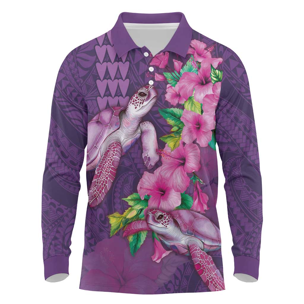 Hawaiian Turtle Love Couple Long Sleeve Polo Shirt - Sweet Hibiscus and Kakau Pattern Deep Purple Color