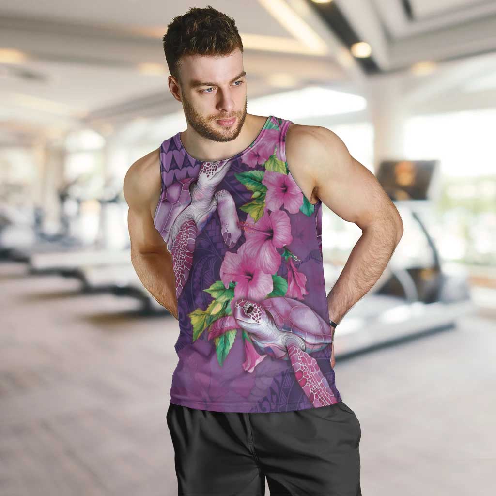 Hawaiian Turtle Love Couple Men Tank Top - Sweet Hibiscus and Kakau Pattern Deep Purple Color