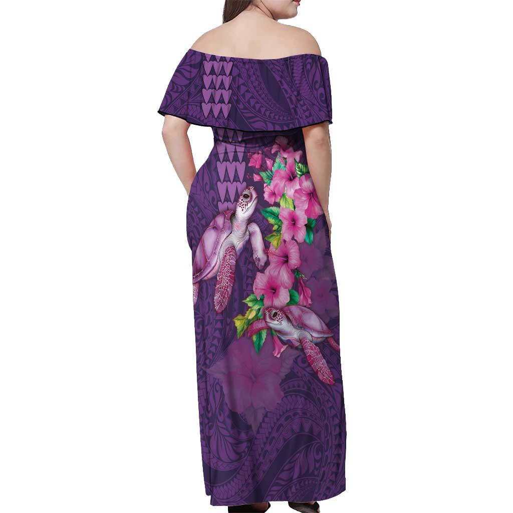 Hawaiian Turtle Love Couple Off Shoulder Maxi Dress - Sweet Hibiscus and Kakau Pattern Deep Purple Color